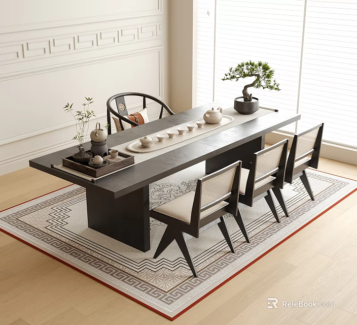 Chinese Style Tea Table And Chairs With Dark Wood Top Tea Set And Bonsai Plant 3d model 