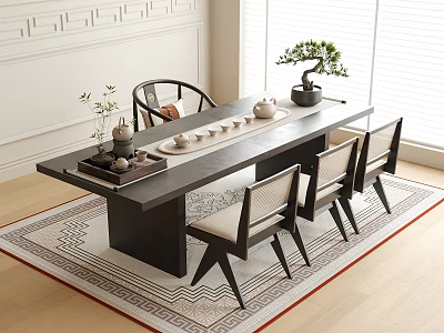 Chinese Style Tea Table And Chairs With Dark Wood Top Tea Set And Bonsai Plant 3d model