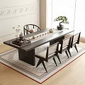 Chinese Style Tea Table And Chairs With Dark Wood Top Tea Set And Bonsai Plant