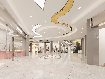 Spacious Shopping Mall Lobby With White Marble Flooring Golden Curved Ceiling Decorations And Glass Walls 3d model