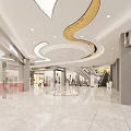 Spacious Shopping Mall Lobby With White Marble Flooring Golden Curved Ceiling Decorations And Glass Walls