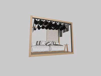 Modern Wooden Display Shelf With Bed Pillows And Black Decorative Elements 3d model
