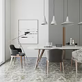 Modern Dining Table Set With Marble Top Grey Beige Chairs And Pendant Lights 3d model