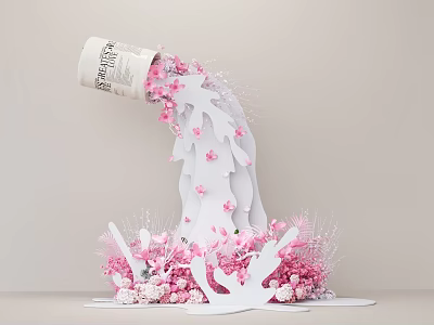White Container With Flowing Pink Petals And Paper Art Decorative 3d model