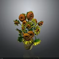 Colorful Sunflower Bouquet Arrangement With Orange Petals Yellow Centers And Decorative Vase
