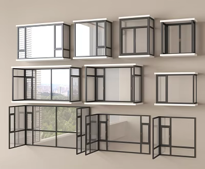 Various Window Styles With Different Frame Designs And Glass Options Displayed 3d model
