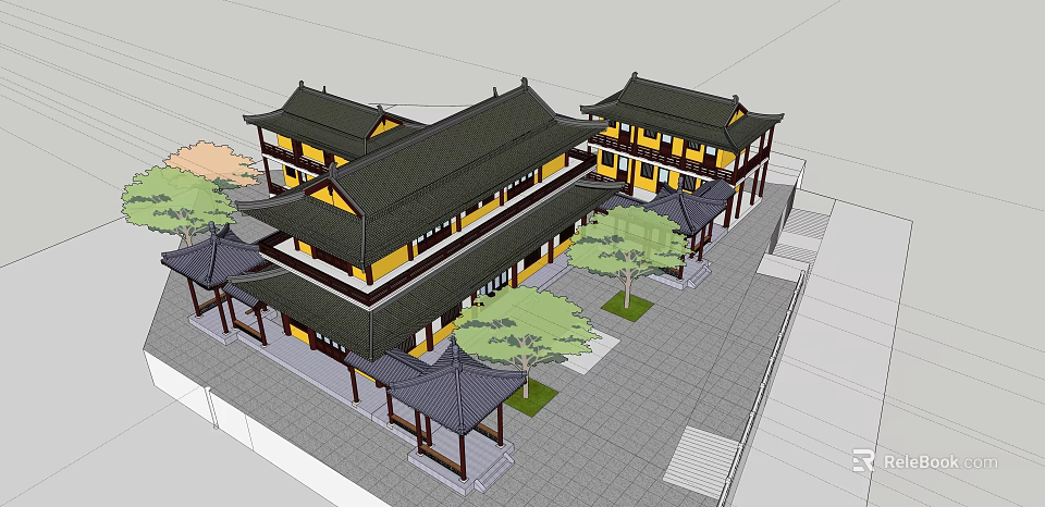 Traditional Chinese Ancient Architecture With Classic Black Roof Yellow Eaves And Courtyard Trees 3d model 