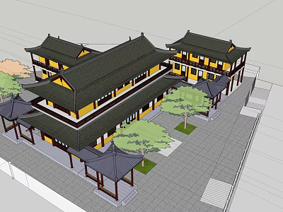 Traditional Chinese Ancient Architecture With Classic Black Roof Yellow Eaves And Courtyard Trees 3d model
