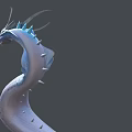 Mythical Reptile 3D Model With White Blue Scales Horns Fins And Long Body