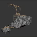Industrial Equipment Model Featuring Wooden Platform And Rocky Terrain With Crane Structure