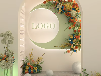 Decorative Archway With Circular Logo Display And Colorful Floral Arrangements White Spheres And Green Plants 3d model