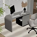 Modern Home Office Desk With Computer Keyboard Books Chair And Green Plant