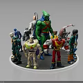Diverse Superhero Character Action Figures with Unique Designs on Circular Display Platform