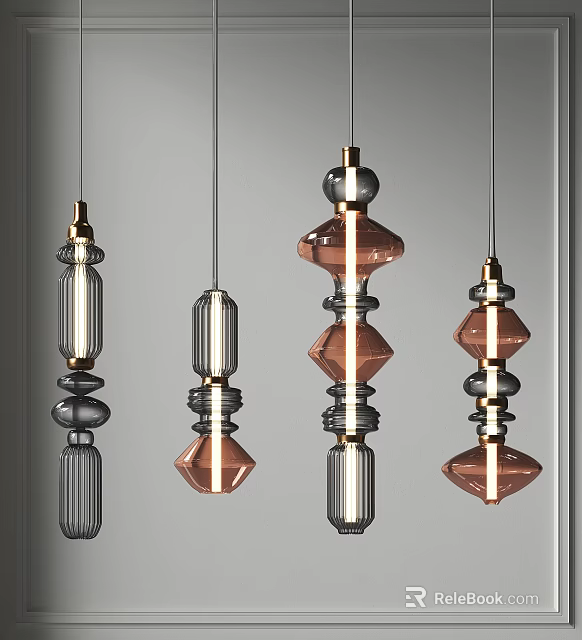 Contemporary Pendant Lights With Geometric Metal And Glass Designs In Copper Black And Transparent 3d model 