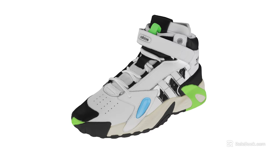 Stylish High Top White Shoes With Black Green Blue Accents And Chunky Sole Design 3d model 