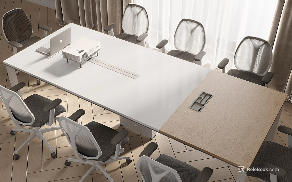 Modern White Meeting Table With Mesh Office Chairs And Laptop Setup In Office 3d model 
