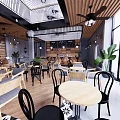 Cozy Modern Cafe Interior With Wooden Tables Chairs Hanging Lights And Green Plants