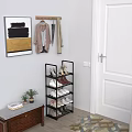 Black Multi Tiered Storage Shelf With Shoes Hanging Clothes And Small Potted Plants