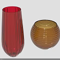 Green Plants in Red Tall and Brown Round Glass Vases with Striped Patterns for Interior Decoration
