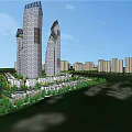 Modern High Rise Office Buildings in Urban Planning With River And Greenery