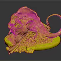 Red Orange Mythical Creature With Fins Long Tail On Green Glowing Base And Bridge Structure