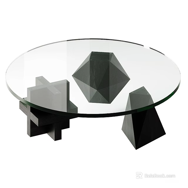Modern Round Glass Top Coffee Table With Geometric Black Base Design 3d model