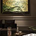 Artistic Interior Design With Large Paintings Green Chairs Sofa Floor Lamp And Green Plant
