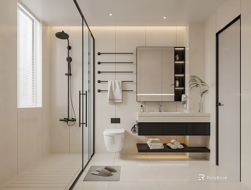 Modern Minimalist Bathroom Interior With Shower Enclosure Toilet Vanity Mirror Towel Rack And Potted Plant 3d model 