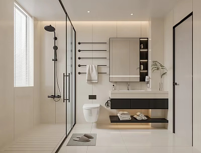 Modern Minimalist Bathroom Interior With Shower Enclosure Toilet Vanity Mirror Towel Rack And Potted Plant 3d model