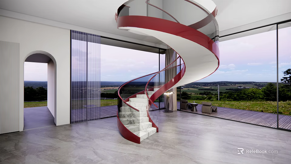 Modern Red Spiral Staircase Interior With Marble Steps And Large Windows 3d model