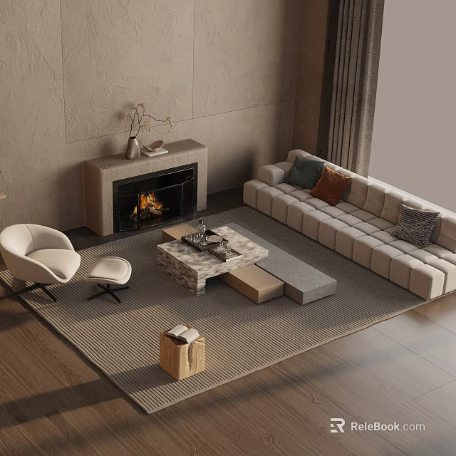 Modern Living Room Sofa And Coffee Table Set With Fireplace Throw Pillows And Area Rug 3d model 