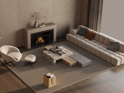 Modern Living Room Sofa And Coffee Table Set With Fireplace Throw Pillows And Area Rug 3d model