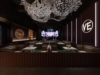 Modern Stylish Bar Interior Design With Unique Chandelier And Comfortable Seats 3d model