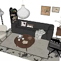Black Leather Sofa Round Wooden Coffee Table Set with Area Rug Decorative Paintings Floor Lamp