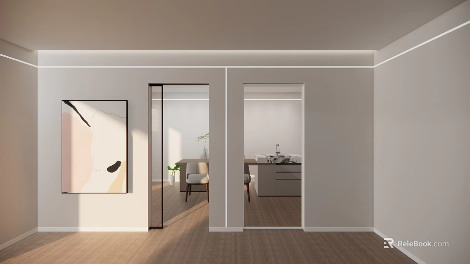 Modern Home Interior With Glass Sliding Doors Connecting Spaces And Wooden Flooring 3d model 