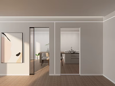 Modern Home Interior With Glass Sliding Doors Connecting Spaces And Wooden Flooring 3d model