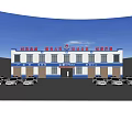 Public Security Police Station Exterior With Parked Police Cars And Service Slogans