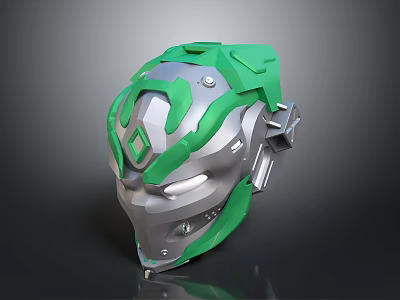 Futuristic Mechanical Helmet Design With Green And Silver Metallic Components 3d model