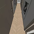 Hotel Corridor Interior With Wooden Walls Herringbone Flooring Recessed Lighting And Decorative Artwork