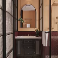 Modern Bathroom Interior Design With Mirror Green Lamp Marble Vanity Glass Shower And White Bathtub