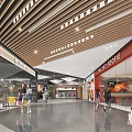 Shopping Mall Stores Interior With Circular Ceiling Wooden Decor Green Plants And Seating Area