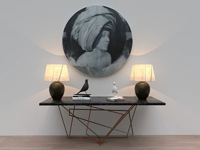 Elegant Console Table with Circular Portrait Table Lamps Pigeon Figurines and Metal Legs 3d model