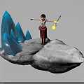 Character In Red Black Outfit With Yellow Lantern On Snowy Ground Near Blue Ice Spikes