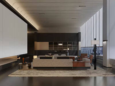 Modern Hotel Public Lounge Interior With Comfortable Sofas Floor to Ceiling Windows And Area Rug 3d model