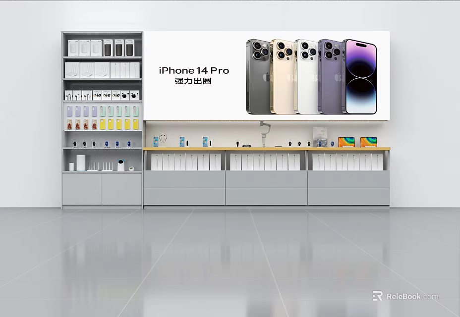 Display Shelves Featuring iPhone 14 Pro Models in Various Colors and Accessories 3d model 