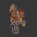 Intricate Model House Structure With Red Roof Windmill Barrels And Mechanical Parts