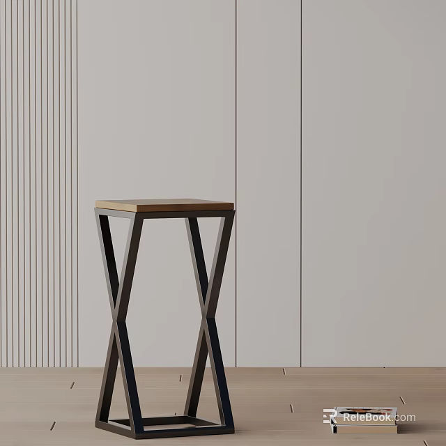 Modern Wooden Bar Stool With Black Cross Legs Against Light Striped Wall 3d model 