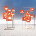 Modern Metal Frame Art Installations With Orange Cubes And Blue Sky Backdrop 3d model