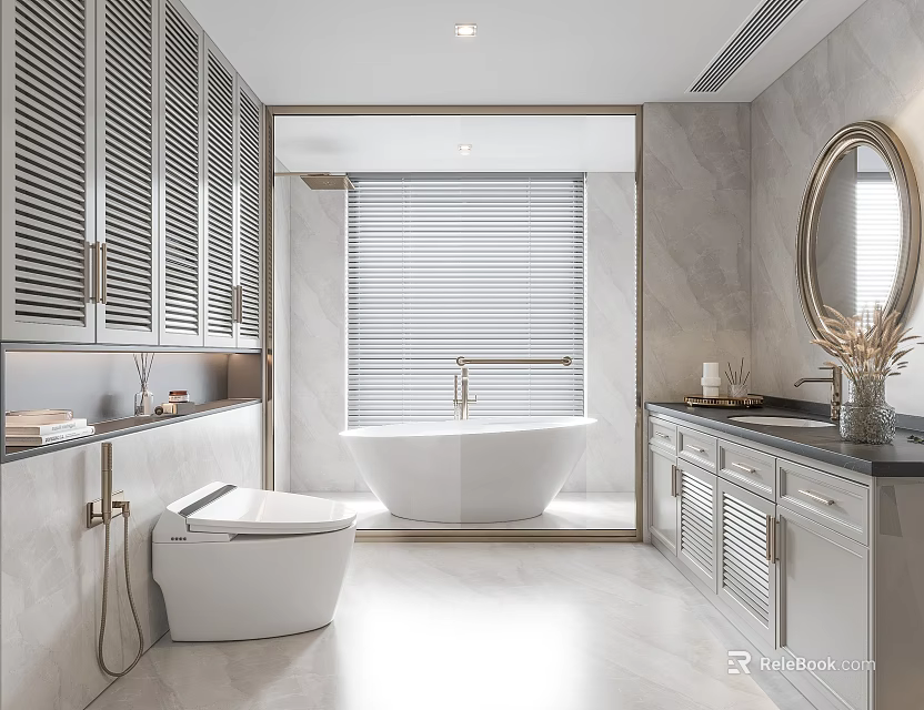 Elegant Modern Bathroom Interior With White Bathtub Gray Cabinets And Marble Vanity Mirror 3d model 