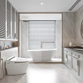 Elegant Modern Bathroom Interior With White Bathtub Gray Cabinets And Marble Vanity Mirror